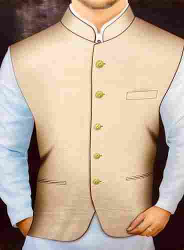 Cotton Plain Sleeveless Light Golden Color Formal Wear Nehru Style Jacket For Mens