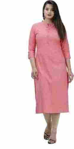 Ladies Casual Wear 3/4th Sleeves Pink Plain 100% Cotton Long Kurti