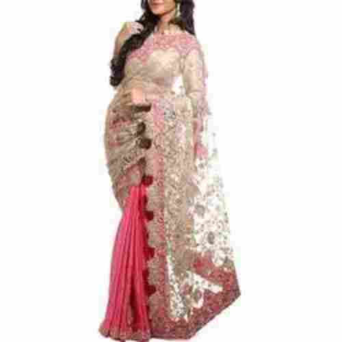 Party Wear Embroidered Pink And White Saree