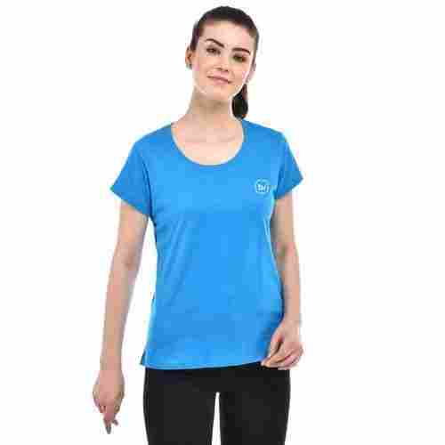 Round Neck Half Sleeves Regular Fit Blue Plain Daily Wear T-Shirt For Ladies