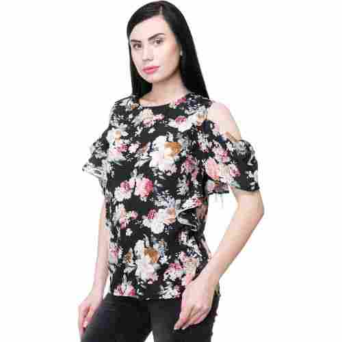 Casual Wear Regular Fit Round Neck Floral Printed Georgette Top For Women'S