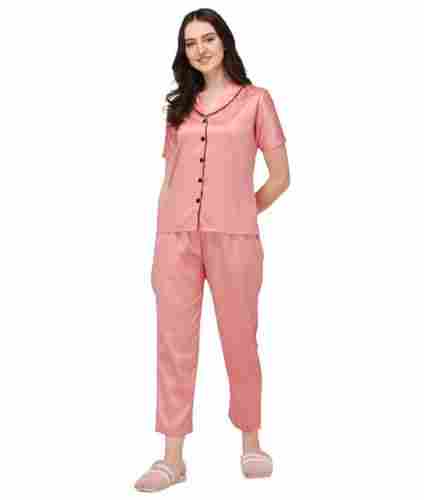 Skin Friendly Short Sleeves Plain Soft Silk Night Suit Set For Ladies