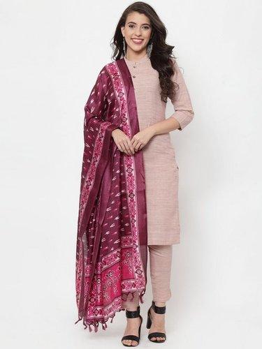 Indian Pink Solid Cotton Kurta With Trousers And Dupatta