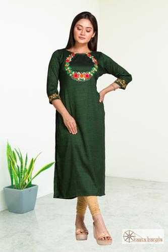 Deep Green Cotton Embroidery Casual Kurti