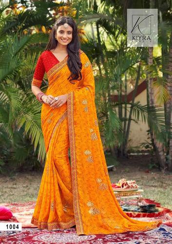 Orange Nizra Fabric Moss Chiffon Print Sarees By Kiyra Sarees