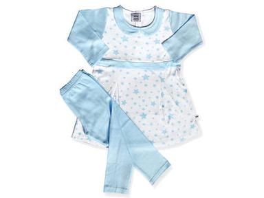 Printed White-Skyblue Antibacterial Frock Style Top With Bottom Set For Baby Girls