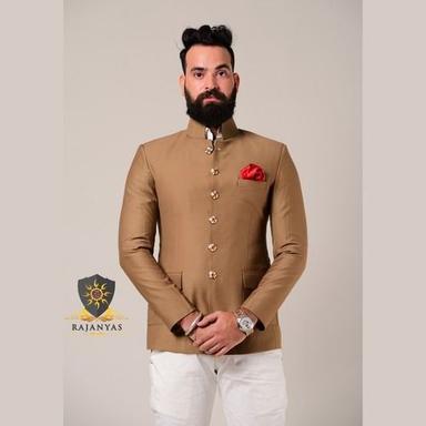 Suits Camel Brown Bandhgala Blazer With Handcrafted Buttons