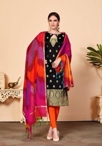  महिलाओं के लिए भारतीय 100% कॉटन सिल्क फुल स्लीव आरामदायक और सांस लेने योग्य गोल गला बनारसी सूट 
