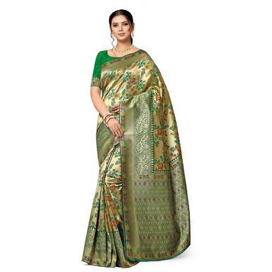 Green Leeza Store Women'S Golden Colour Silk Blend Zari Woven Saree