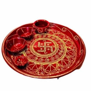 14 Inch Red Stainless Steel Decorative Pooja Aart Thali For Worship