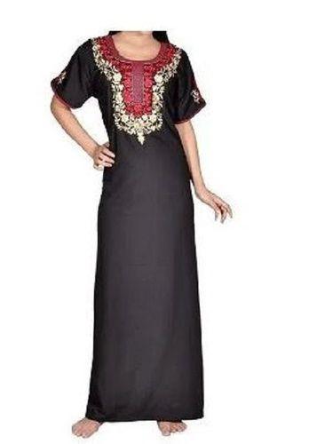 Black Short Sleeve Cotton Embroidered Nighties For Ladies 