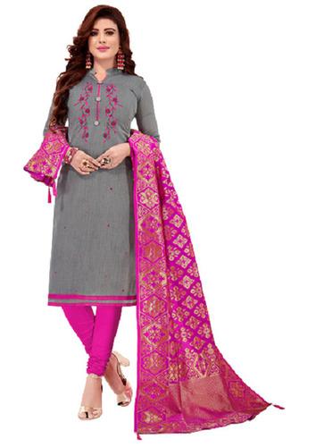 Pink And Grey Printed Cotton Ladies Churidar Suit With Dupatta