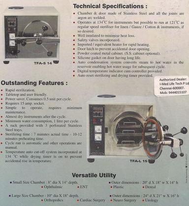Table Top Metal Body Flash Autoclave Usage: High Pressure Steam Sterilization Of Medical Materials/Equipments.