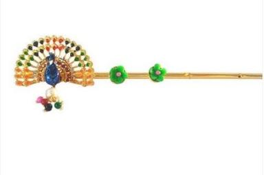 Golden 3 Inches Size Multi-Color Design Laddu Gopal Peacock Flute