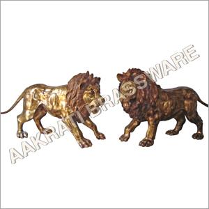 Yellow Big Size Brass Metal Garden Lion Statue Pair Wild Animal Made By Aakrati
