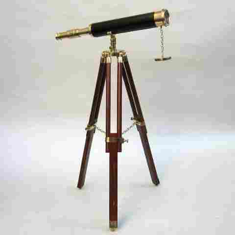 50"Brass Leather Telescope With Wooden Stand