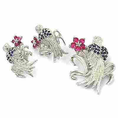 Valuable Iolite & pink Glass Gemstone Silver Earings & Pendant Set