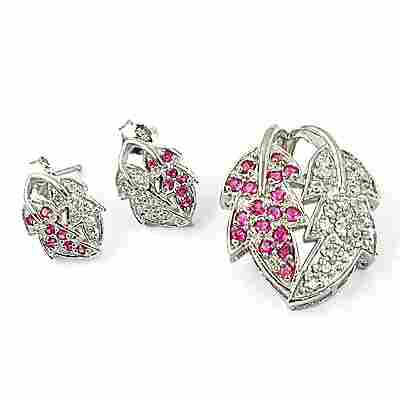 Leaf Design Silver Cubic Zirconia & Pink Cubic Zirconia Gemstone Earings & Pendant Set