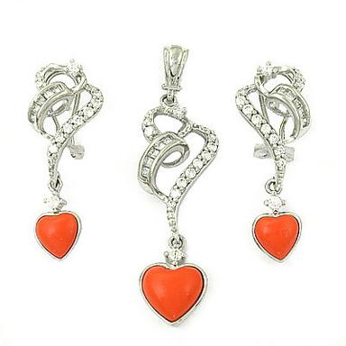 Cubic Zirconia & Synthetic Coral Earings & Pendant  Set With Lovely Heart