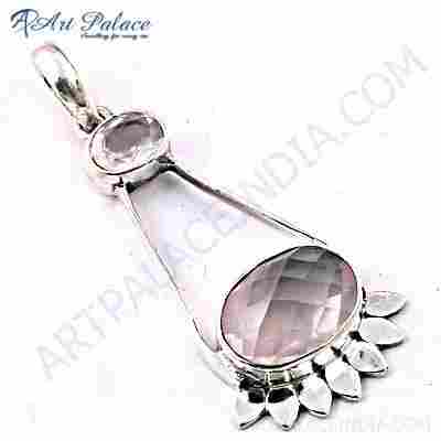Ladies Designer Crystal & Rose Quartz Gemstone Silver Pendant