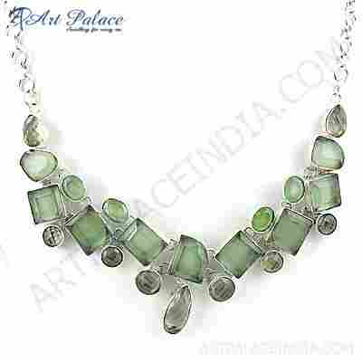 Royal Green Amethyst & Green Glass Gemstone German Silver Necklace