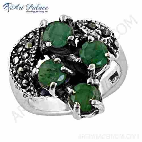 Glamour Emerald & Gun Metal Gemstone SIlver Marcasite Ring