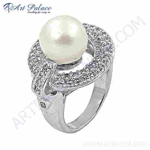Party Wear 925 Sterling Silver Cubic Zirconia & Pearl Gemstone Ring