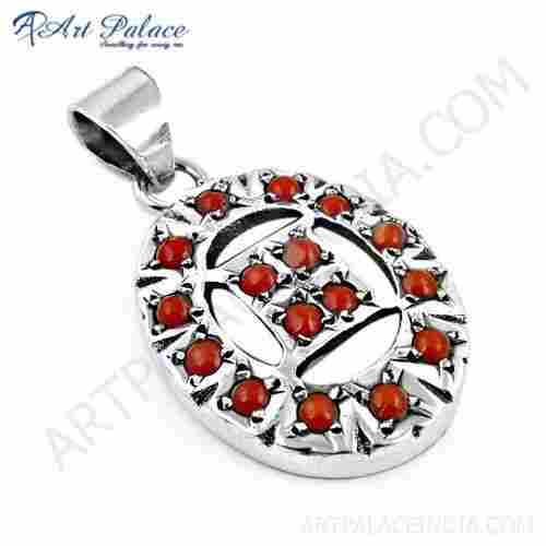 HOT Luxury Coral Gemstone Silver Pendant, 925 Sterling Silver Jewelry