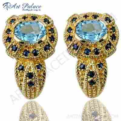 Unique Designer Blue CZ & Sapphire Gemstone Silver Gold Plated Earrings