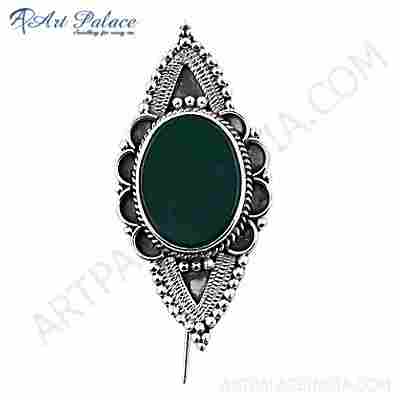Victorian Green Onyx Gemstone Silver Brooch 