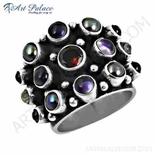 Premier Passion Affrican Amethyst & Black Pearl & Garnet & Rainbow Moonstone Gemstone Silver Ring