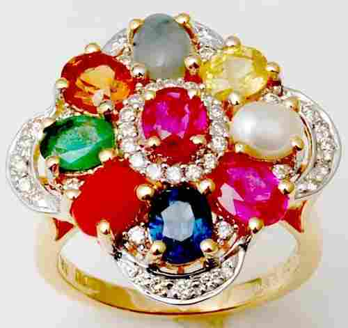 Emerald ruby sapphire hessonite diamond pearl coral cats eye gold ring 