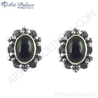 New Simple Ethnic Design Silver Black Onyx Gemstone Earrings Jewelry