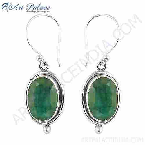 Simple Hook Style Silver Earrings With Dyed Emerald Stone Jewelry, 925 sterling Silver