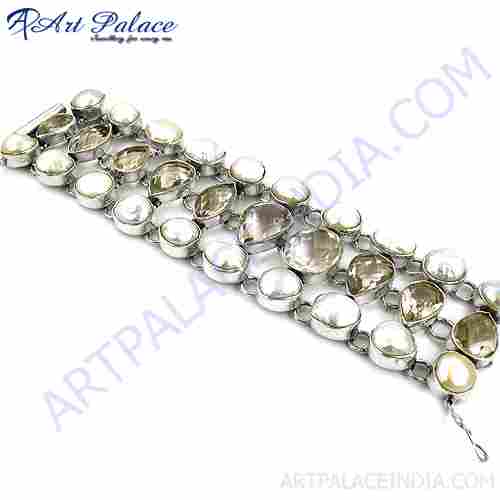 Fancy Crystal Pearl Silver Bracelet