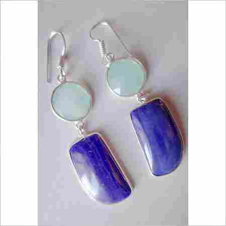 42CTS ONE PAIR PURPLE CHALCEDONY & AQUA CHALCEDONY SILVER PLATED READY TO WEAR EARRINGS#AG3289 