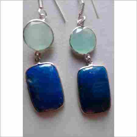 48.50CTS ONE PAIR BLUE CHALCEDONY & AQUA CHALCEDONY SILVER PLATED READY TO WEAR EARRINGS#AG3314 