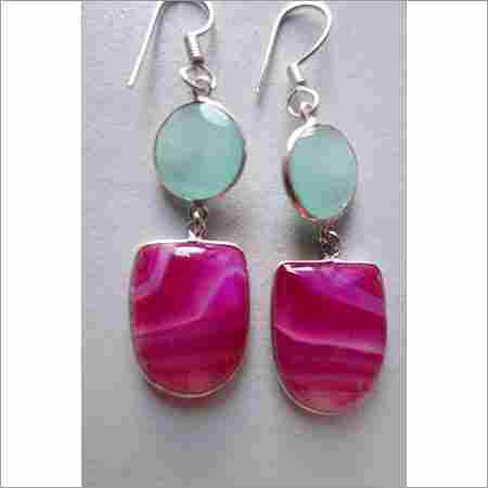 52.40CTS ONE PAIR PINK CHALCEDONY & AQUA CHALCEDONY SILVER PLATED READY TO WEAR EARRINGS#AG3320 