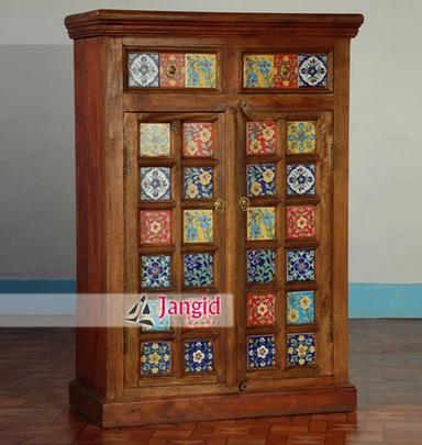 Handmade Indian Wooden Ceramic Tile Bedroom Almirah