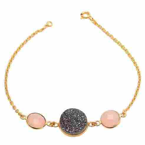 Pink Chalcedony & Black Druzy Gemstone Bracelete