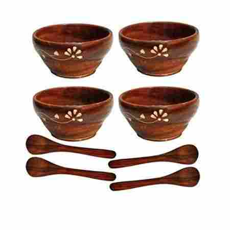 Desi Karigar Wooden Bowls And Spoons Set Of 4 Size-LxBxH-4x4x2 Inch