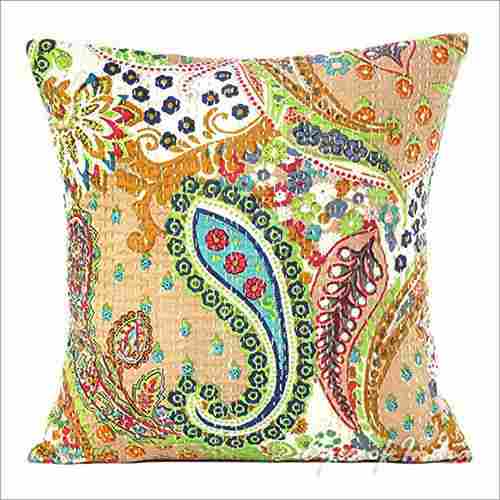 Beige kantha Embroidered Cushion Cover
