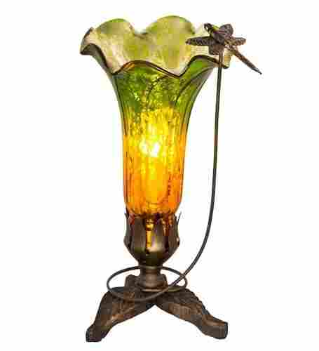 9" H Hand Blown Mercury Glass Dragonfly Lily Lamp - Green / Amber