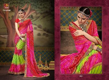 Pink And Green Traditional Bandhej Sarees Online Shopping