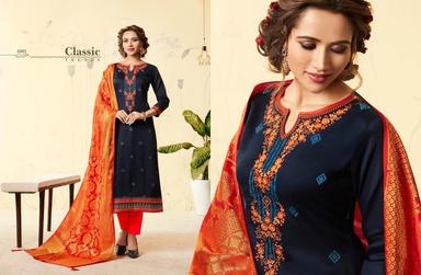 Navy Blue And Orange Designer Suits With Banarasi Silk Dupatta