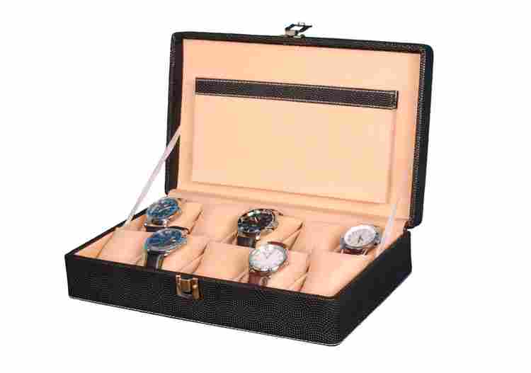 Hard Craft Watch Box Case PU Leather Black Dotted Design for 10 Watch Slots