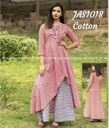 Pink Designer Embroidered Cotton Kurti With Palazzo