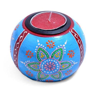 Blue Indian Home Decor Emboss Painted Wooden Ball Tea Light