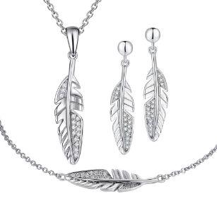 Wing Feather Plume Rhodium Plated Silver Charm Pendant Necklace Earring Bracelet Jewelry Set