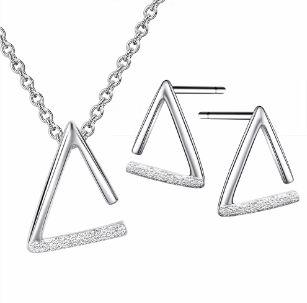 Opened Triangle Rhodium Plated Sandblasting Silver Charm Pendant Necklace Earring Jewelry Set